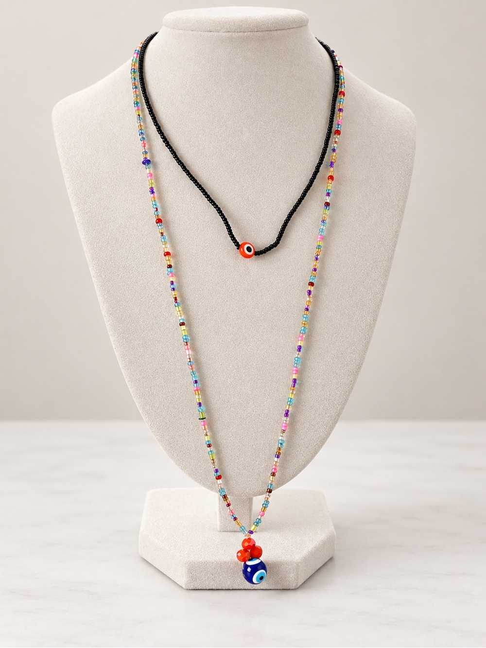 Handmade Layered Multicolor Beaded Evil Eye Necklace Set